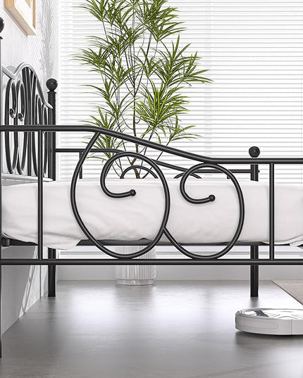 VECELO Twin Daybed Frame, Metal Day Bed with Classic Headboard, Multifunctional Platform Beds for Bedroom, Living Room, Guest Room, No Boxing Spring Needed, Black - LeafyLoom
