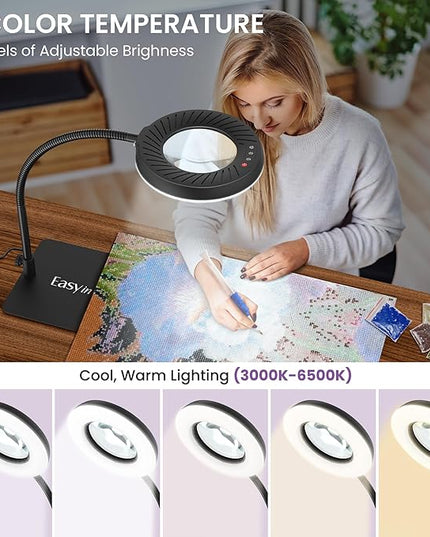 EASYINBEAUTY 10X Magnifying Glass with Light and Stand, 5 Color Modes & 9-Level Dimmable, 2-in-1 LED Magnifying Desk Lamp with Clamp, Gooseneck Magnifying Light for Crafts Hands Free, Close Work, Read - LeafyLoom