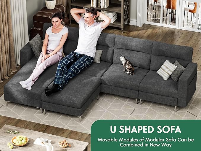 YESHOMY Convertible Sectional Sofa Modular Couch with Chaises and Removable Ottoman for Living Room, Dark Gray - LeafyLoom