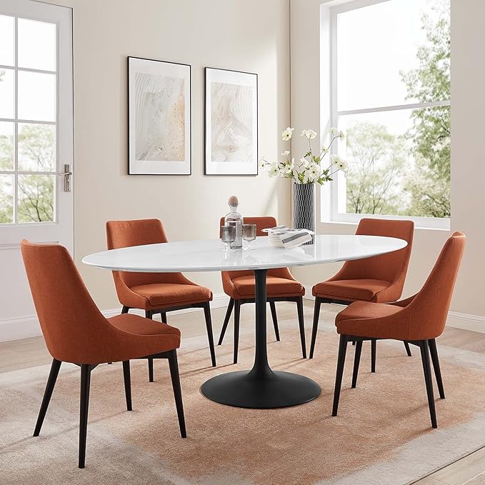 Modway Lippa 78" Oval-Shaped Mid-Century Modern Dining Table with White Wood Top and Black Base - LeafyLoom