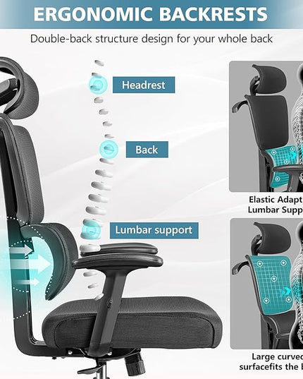 Primy Office Chair Ergonomic Desk Chair, High Back Computer Gaming Chair, Comfy Big and Tall Home Office Chair with Lumbar Support, Breathable Mesh Reclining Chair Adjustable Armrests Headrest(Black) - LeafyLoom