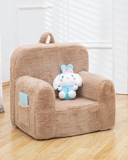 Snuggly-Soft Cuddly Toddler Plush Armchair for Boys and Girls Fuzzy Plush Kids Sofa Couch Reading Chair with Children Friendly Handle for Easy Movement & Double Pockets for Good Storage, Camel - LeafyLoom
