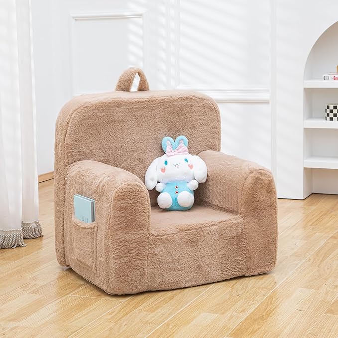 Snuggly-Soft Cuddly Toddler Plush Armchair for Boys and Girls Fuzzy Plush Kids Sofa Couch Reading Chair with Children Friendly Handle for Easy Movement & Double Pockets for Good Storage, Camel - LeafyLoom
