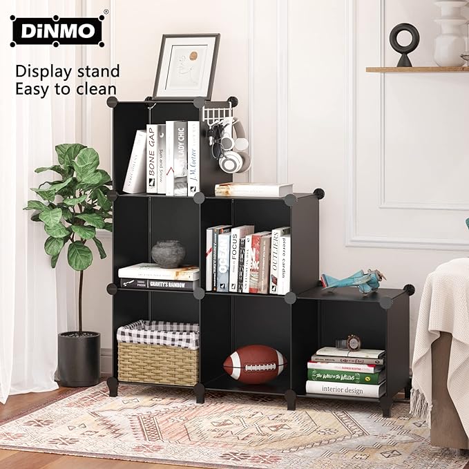 6 Cubes Storage Organizer, Bookcase, Display Shelf with Wooden Mallet, Cabinet Storage for Kids, Adult, Office, Bedroom, Bathroom, Black - LeafyLoom