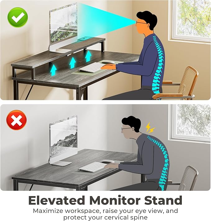 SUPERJARE 55 inch Computer Desk with LED Lights & Power Outlets, Gaming Desk with Monitor Shelf, Small Office Desk for Home & Office, Grey - LeafyLoom