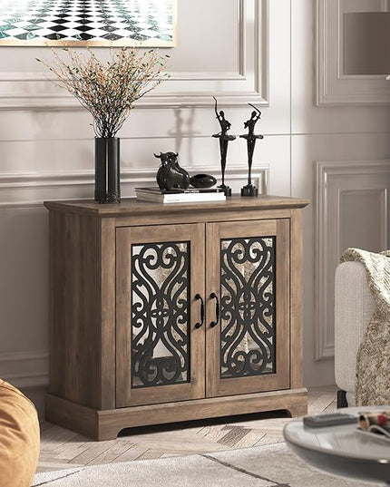 Galano Calidia 2 Door Sideboard, Kitchen Storage Sideboard Buffet Cabinet Console with Acrylic Mirror Doors & Adjustable Shelves, 15.67" D x 32.36" W x 29.29" H, Knotty Oak - LeafyLoom