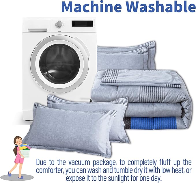 Andency Stripe Blue Comforter Set King Size, 3 Pieces Gray and Blue Patchwork Striped Comforter(104x90 Inch), Soft Microfiber Down Alternative Comforter Bedding Set with Corner Loops - LeafyLoom