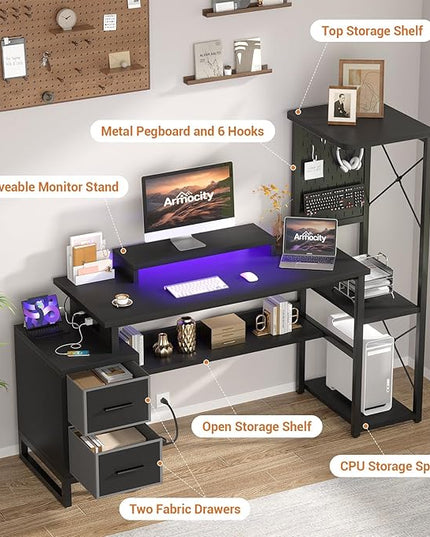 Computer Desk with 2 Fabric Drawers - Reversible Home Office Desk with Power Outlet & LED Lights, 53" Writing Desk with Monitor Stand & Storage Shelves, Gaming Desk Study Table with Pegboard, Black - LeafyLoom