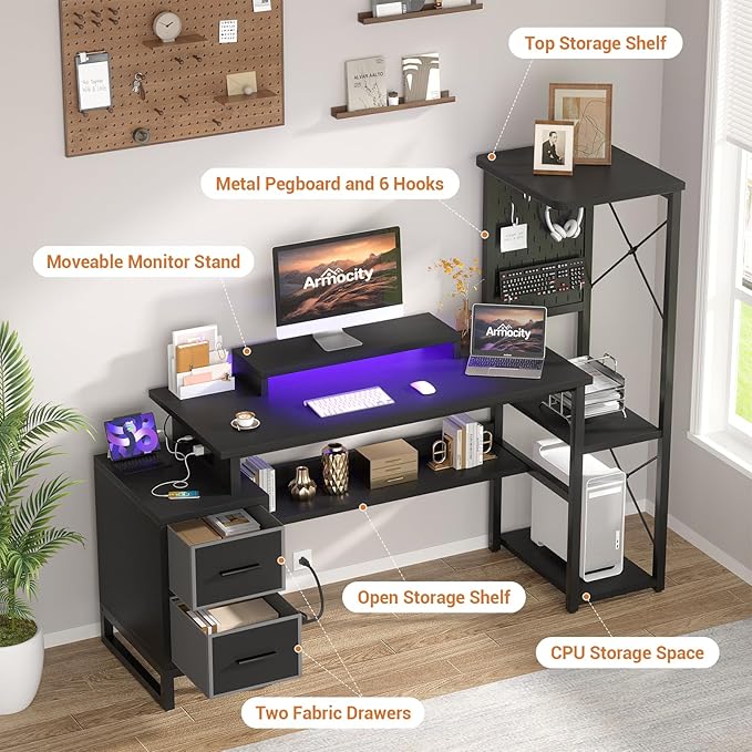 Computer Desk with 2 Fabric Drawers - Reversible Home Office Desk with Power Outlet & LED Lights, 53" Writing Desk with Monitor Stand & Storage Shelves, Gaming Desk Study Table with Pegboard, Black - LeafyLoom
