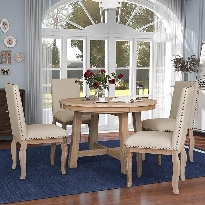 5 Piece Round Farmhouse Wood Dining Table Set with 4 Upholstered Chairs,Extendable Restaurant Furniture,for Kitchen Dinette,Diningroom - LeafyLoom