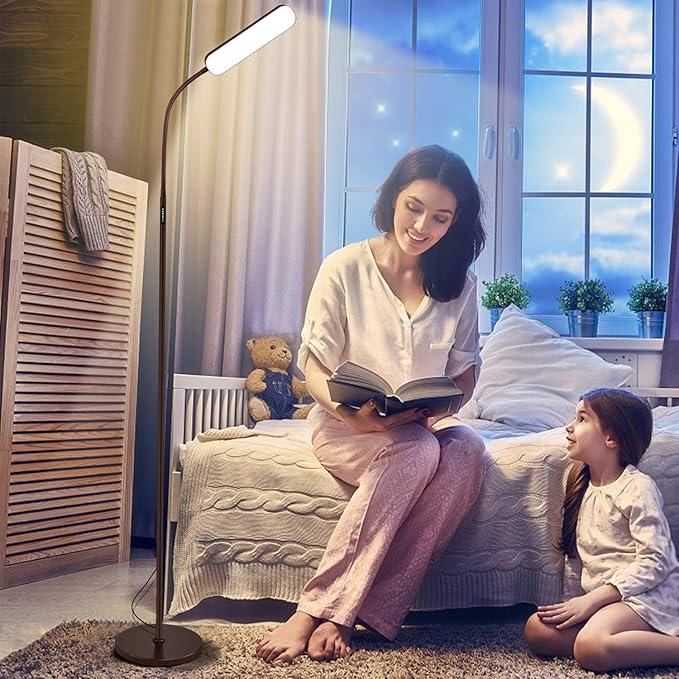 Floor Lamp, 15w/1000lm Bright LED Floor Lamp with Stepless Adjustable 3000K-6000K Colors and Dimmer, Remote and Touch Control Reading Lamp, Adjustable Gooseneck Floor Lamp for Living Room - LeafyLoom