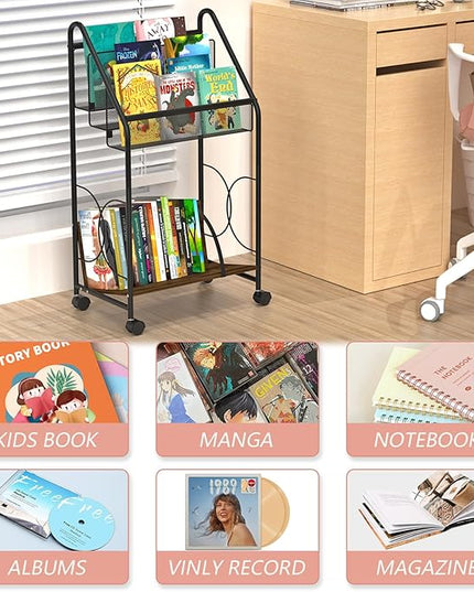 Bookshelf, 4-Tier Metal & Wood Rolling Book Cart on Wheels, Record Cabinet for Book Magazine Turntable, Record Holder Up to 100 Albums, Multifunction Utility Cart, Black - LeafyLoom