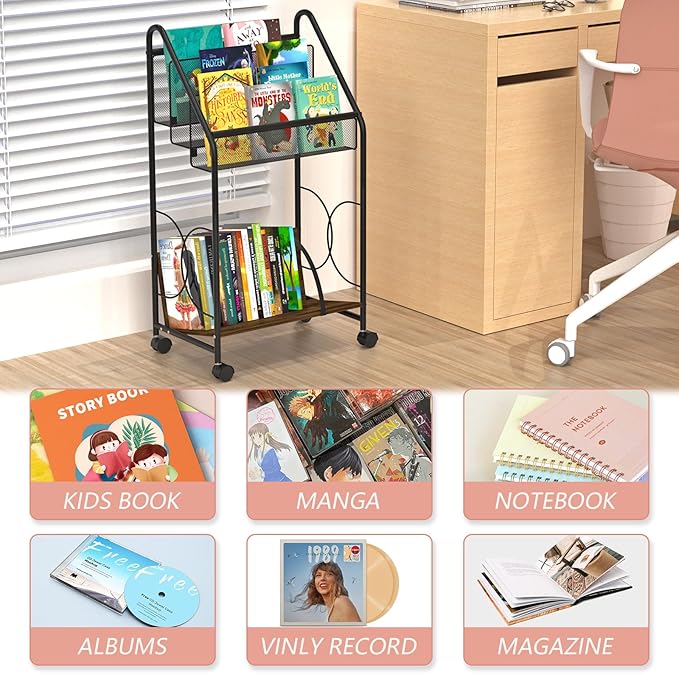 Bookshelf, 4-Tier Metal & Wood Rolling Book Cart on Wheels, Record Cabinet for Book Magazine Turntable, Record Holder Up to 100 Albums, Multifunction Utility Cart, Black - LeafyLoom