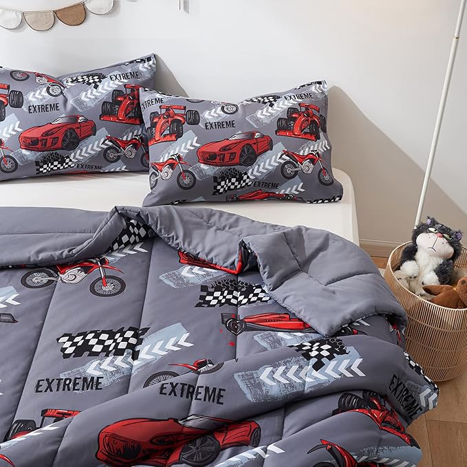 beeweed 2 Piece Kid Comforter Set Twin Size, Racing Car Bedding Set for Teen Boys Girls - LeafyLoom