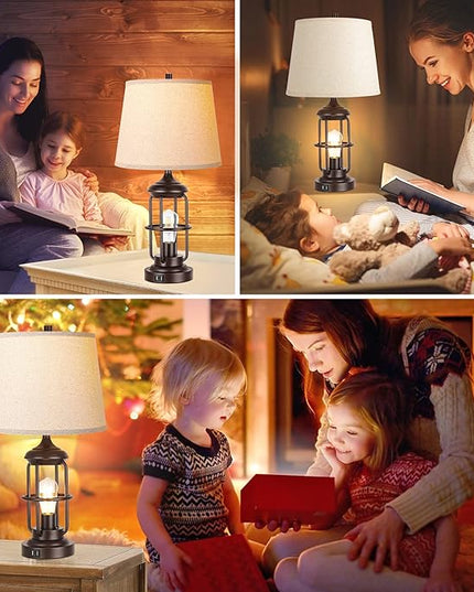 QiMH Table Lamp for Living Room with USB Ports, Touch Control 3-Way Dimmable Bedside Lamp with LED Night Light, Farmhouse Rustic Nightstand Lamp Bedroom Decor(2700K Bulbs Included) - LeafyLoom