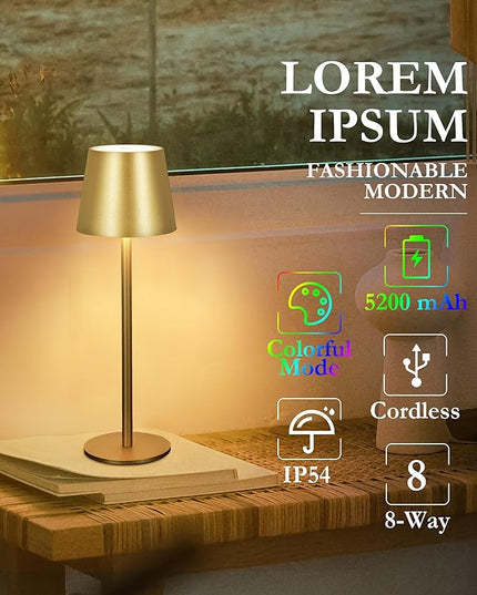 2-Pack RGB Cordless Table Lamp, 5200mAh RGB 8 Modes & Touch Control Rechargeable Battery Desk Lamp, IP54 Waterproof outdoor table lamp for Bedroom/Outdoor/Restaurant/Camping/Bars(Champagne) - LeafyLoom