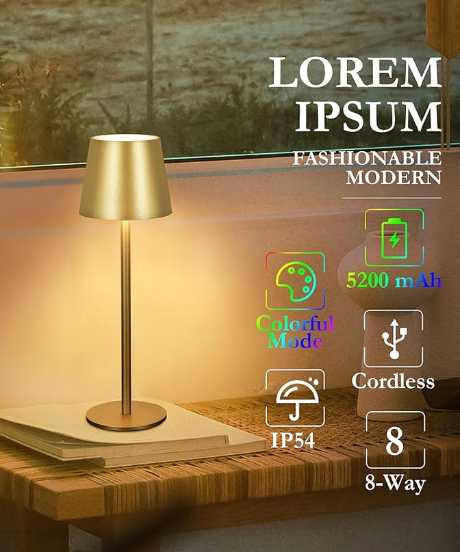 2-Pack RGB Cordless Table Lamp, 5200mAh RGB 8 Modes & Touch Control Rechargeable Battery Desk Lamp, IP54 Waterproof outdoor table lamp for Bedroom/Outdoor/Restaurant/Camping/Bars(Champagne) - LeafyLoom