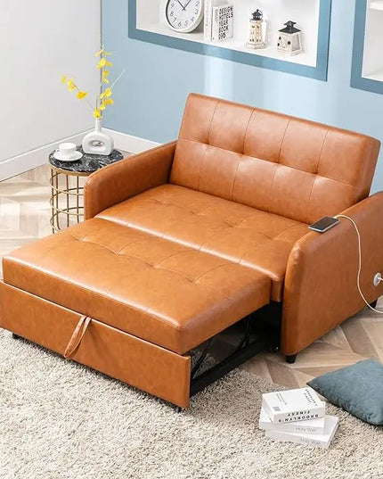 3 in 1 Convertible Sleeper Sofa, Modern Faux Leather Futon Loveseat Couch Pullout Dual USB Ports and Pillows, Love Seat Lounge Sofá Bed for Living Room Small Space, Black 51.5" - LeafyLoom