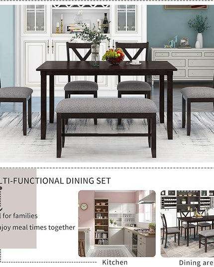 6-Piece Classic Dinette Sets Rectangular Wooden Kitchen Dining Table, 4 Fabric Chairs & Bench, for Diningroom Living Room, Easy to Assemble, Espresso 4 - LeafyLoom