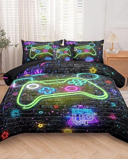 NINENINE 6PCS Gamer Bedding Sets for boys,Twin Comforter Sets for Boys, Gaming Bedding Sets for boys gamer Bedding Comforter Sheet Set(1Comforter,1Flat Sheet,1Fitted Sheet,1Cushion Cover,2Pillowcases - LeafyLoom