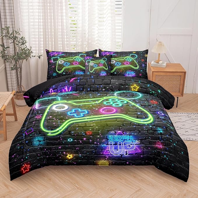 NINENINE Gamer Bedding Sets, 6PCS Full Size Comforter Size for Boys,Gaming Bedding Sets for Boys Bed in A Bag Gamer Comforter Sets(1Comforter,1Flat Sheet,1Fitted Sheet,1Cushion Cover,2Pillowcases)… - LeafyLoom