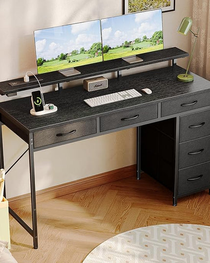 Gaming Desk with 6 Drawers, Computer Desk with LED Lights Power Outlets and Type-C, 47 Inch Office Desk with Storage, Monitor Stand, Writing Desk Work Desk Home Office, Bedroom, Study, Black - LeafyLoom