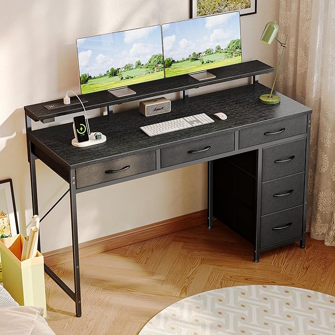 Gaming Desk with 6 Drawers, Computer Desk with LED Lights Power Outlets and Type-C, 47 Inch Office Desk with Storage, Monitor Stand, Writing Desk Work Desk Home Office, Bedroom, Study, Black - LeafyLoom