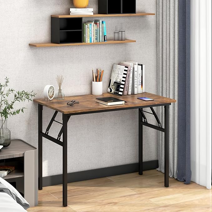 Need Folding Desk for Home Office 39-3/8 inch Length Modern Folding Table Computer Desk No Install Needed Rustic Brown Desktop Black Frame AC5FB(100 * 60) - LeafyLoom