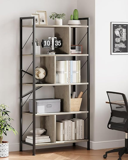 5 Tier Bookshelf with Storage, 61 Inch Tall Industrial Book Shelf with Open Display Bookshelves, 5 Shelf Bookcase with Metal Frame for Living Room, Bedroom and Home Office-Grey - LeafyLoom