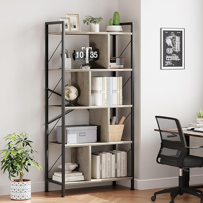 5 Tier Bookshelf with Storage, 61 Inch Tall Industrial Book Shelf with Open Display Bookshelves, 5 Shelf Bookcase with Metal Frame for Living Room, Bedroom and Home Office-Grey - LeafyLoom