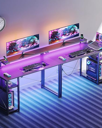MOTPK Gaming Desk with Led Lights & Power Outlet, 40 Inch Small Gaming Computer Desk with Shelves, Reversible Gamer Desk Table with Adjustable Monitor Stand & Headphone Hook, Carbon Fiber Texture - LeafyLoom