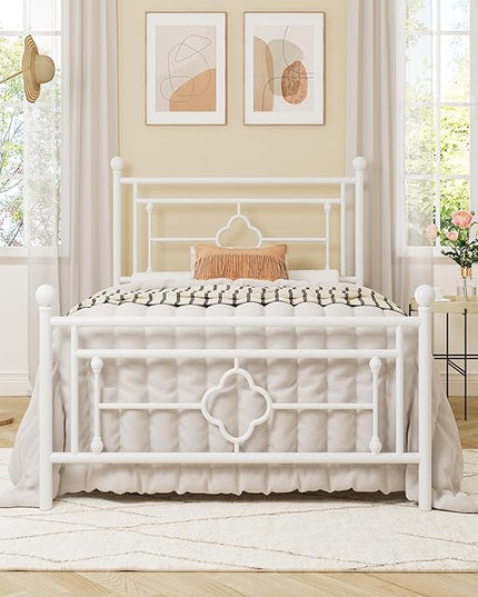 Allewie Twin Size Metal Platform Bed Frame with Victorian Vintage Headboard and Footboard/Mattress Foundation/Under Bed Storage/No Box Spring Needed/Noise-Free/Easy Assembly, White - LeafyLoom