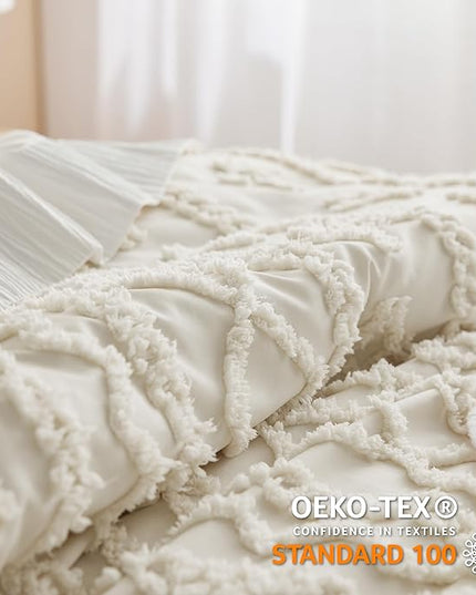 Bedsure Tufted Boho Comforter Set Full - Beige Boho Bedding Comforter Set, 3 Pieces Farmhouse Shabby Chic Embroidery Bed Set, Soft Jacquard Comforter for All Seasons - LeafyLoom