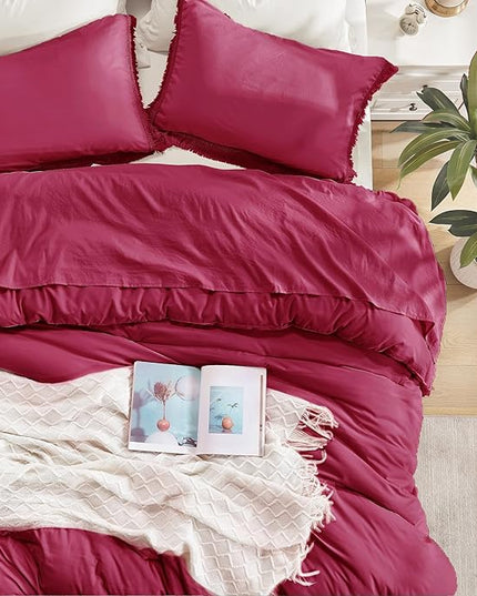 Andency Burgundy Red Tassel Comforter Set Full(79x90Inch), 3 Pieces(1 boho Comforter, 2 Pillowcases) Farmhouse Shabby Chic Comforter Set, Soft Microfiber Lightweight Fringe Bedding Comforter Set - LeafyLoom