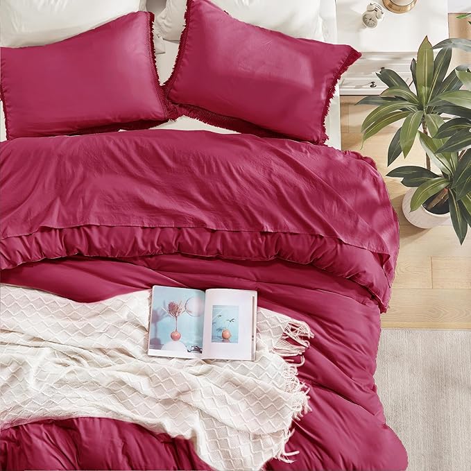 Andency Burgundy Red Tassel Comforter Set Full(79x90Inch), 3 Pieces(1 boho Comforter, 2 Pillowcases) Farmhouse Shabby Chic Comforter Set, Soft Microfiber Lightweight Fringe Bedding Comforter Set - LeafyLoom