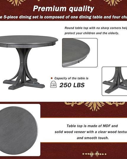 5 Piece Modern Round Dining Set, Including Solid Wood Curved Trestle Style Table Legs and 4 Upholstered Backrest Cushioned Chairs, for Kitchen, Living Room, Dark Gray+Brown - LeafyLoom