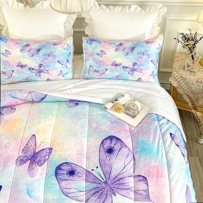 CVHOUSE Butterfly Queen Comforter Set for Girls Teens.Butterfly Queen Bedding Set,Butterflies Bedspread,Butterfly Duvet,Butterfly Bed Set,Butterflies Quilt Set 3 Pcs 1 Comforter and 2 Pillowcases - LeafyLoom