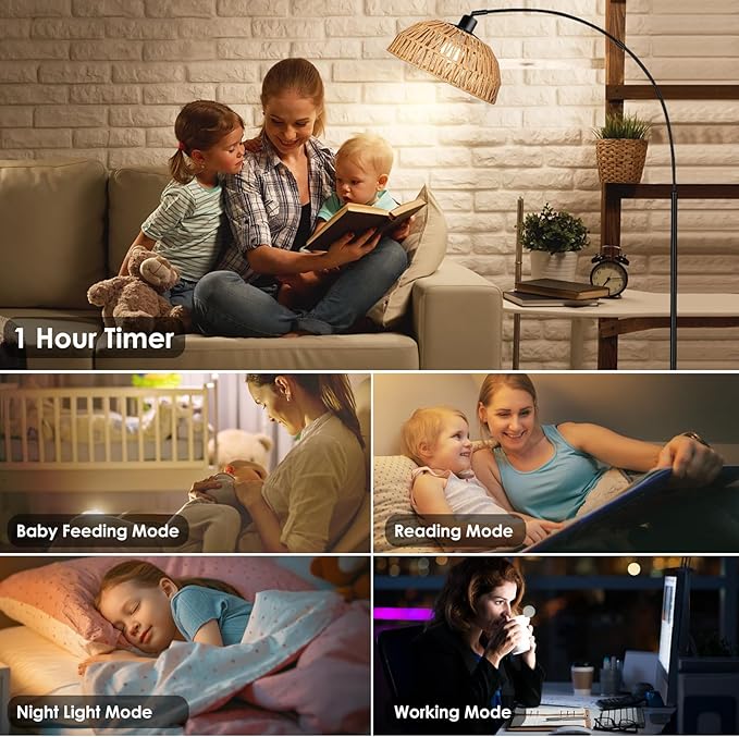Arc Floor Lamp for Living Room,Black Standing Rattan Floor Lamp with Remote Control Dimmable,71" Tall Boho Farmhouse Adjustable Over Couch Lamp for Bedroom Office - LeafyLoom