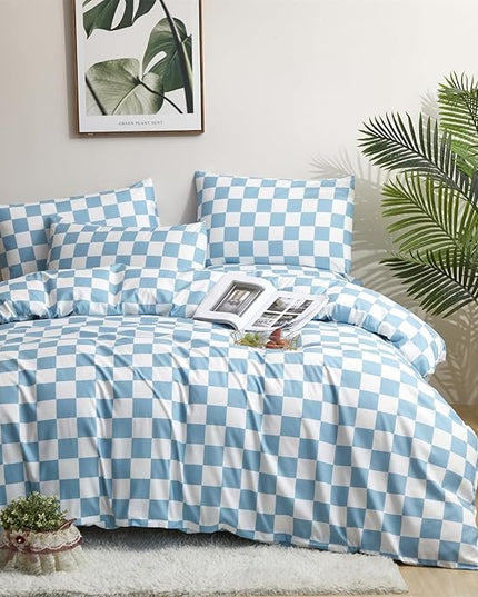 Blue White Grid Comforter Set Cal King Blue Plaid Bedding Set Women Blue and White Checkered Bed Comforter Set Breathable Blanket Set Men Durable Bedding Comforter Set - LeafyLoom