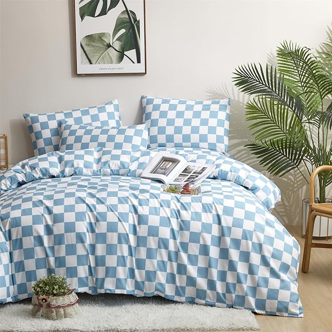 Blue White Grid Comforter Set Twin Blue Plaid Bedding Set Girls Blue and White Checkered Bed Comforter Set Breathable Blanket Set Kids Durable Bedding Comforter Set - LeafyLoom