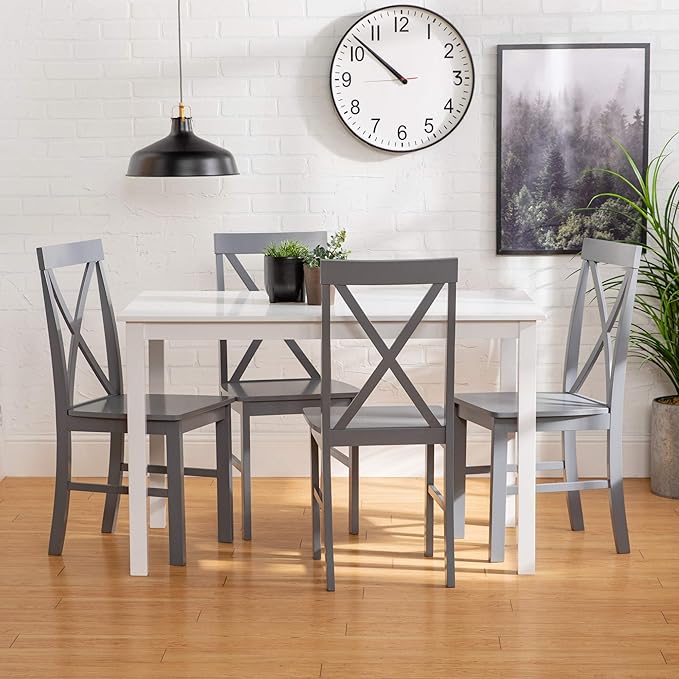 Walker Edison 4 Person Modern Farmhouse Wood Small Dining Table Dining Room Kitchen Table Set Dining 4 X Chairs Set, 48 Inch, White and Grey - LeafyLoom