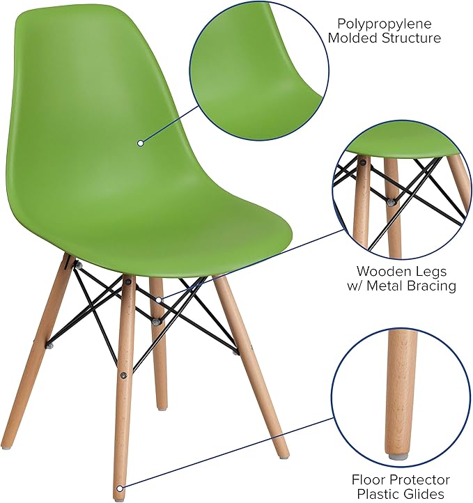 Flash Furniture Elon Series Green Plastic Chair with Wooden Legs, 22.5"D x 18.25"W x 31.5"H - LeafyLoom