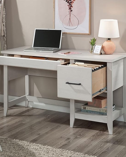 Sauder Summit Station Single Pedestal Desk, Glacier Oak Finish - LeafyLoom