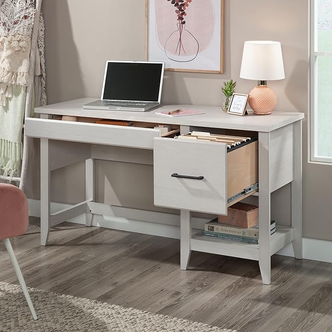 Sauder Summit Station Single Pedestal Desk, Glacier Oak Finish - LeafyLoom