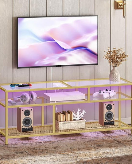 HOOBRO Gold TV Stand, Rectangular LED TV Stand with Power Outlets to 65'', Modern Glass Entertainment Center with Open Shelves, Media TV Console Table for Living Room, Bedroom, Gold GD49UDDS01 - LeafyLoom