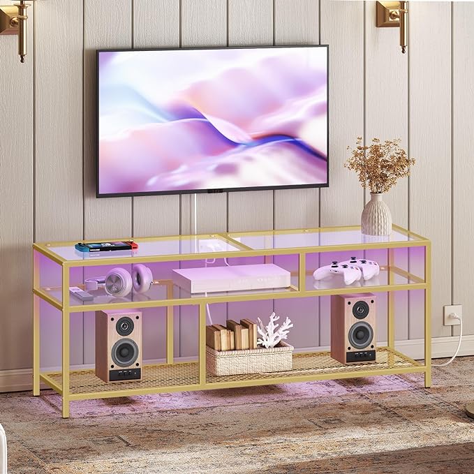 HOOBRO Gold TV Stand, Rectangular LED TV Stand with Power Outlets to 65'', Modern Glass Entertainment Center with Open Shelves, Media TV Console Table for Living Room, Bedroom, Gold GD49UDDS01 - LeafyLoom