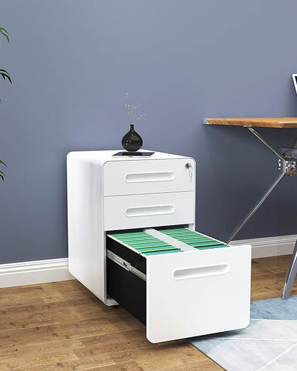 YITAHOME 3-Drawer Metal Mobile File Cabinet, Rolling Filing Cabinet with Lock, Filing Cabinet Under Desk fits Legal/A4 Size for Home/Office, Fully Assembled,White - LeafyLoom
