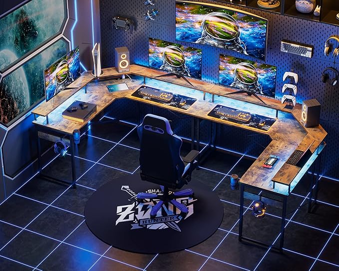 ODK L Shaped Gaming Desk with LED Lights & Power Outlets, 51" Computer Desk with Full Monitor Stand, Corner Desk with Cup Holder, Gaming Table with Hooks, Vintage - LeafyLoom