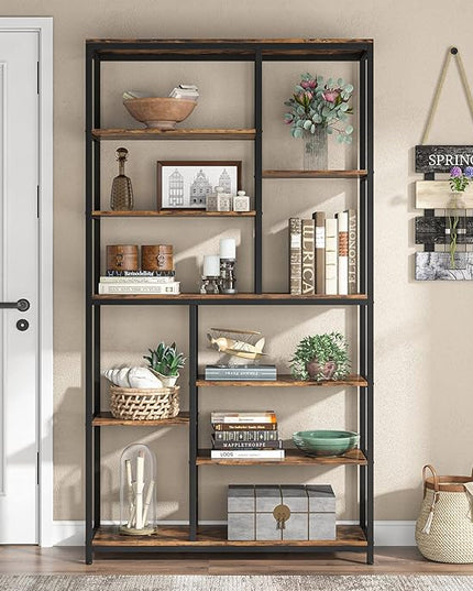 Modern 8-Tier Staggered Bookcase - 79 Inches Tall, Wide Wood Etagere Shelving Unit - LeafyLoom