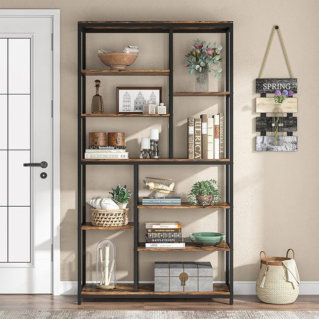 Modern 8-Tier Staggered Bookcase - 79 Inches Tall, Wide Wood Etagere Shelving Unit - LeafyLoom